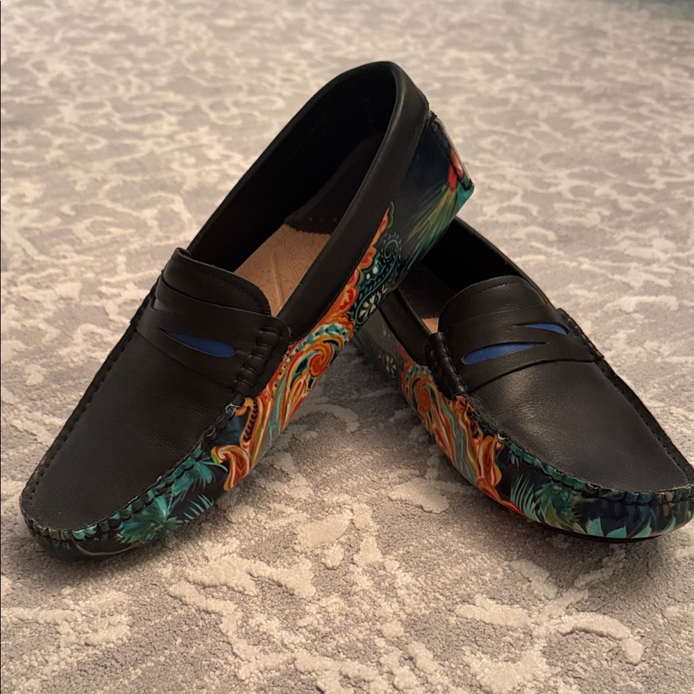 Robert Graham Black Leather Loafers with Tropical Multicolor Trim